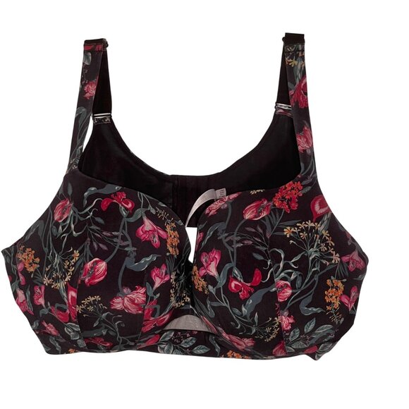 Cacique 48DD Lightly Lined Balconette Bra Underwire  Black Floral Comfortable - Picture 1 of 14